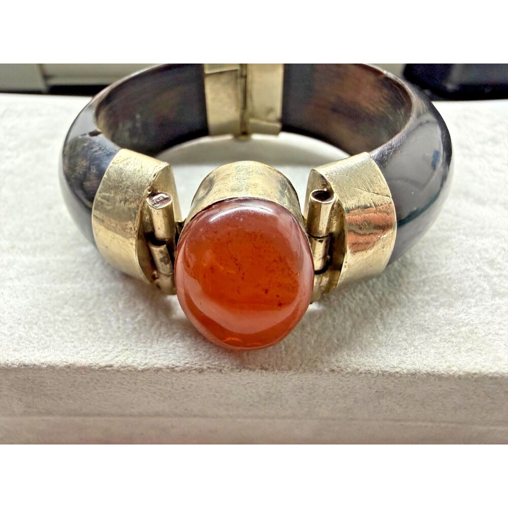 Vintage Indian Carnelian Hinge Bangle Bracelet Buffalo Horn Silver Tone 1970s